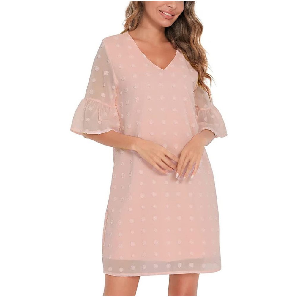 NWOT KEKE LILI Swiss Dot Dress for Women Casual V Neck M Chiffon Shift Ruffle